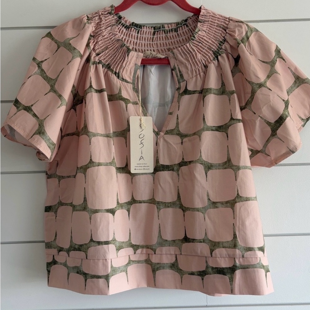 Osea Pink Patterned Short Sleeve Smocked Neck Top
